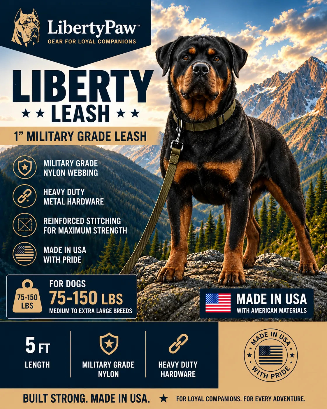 Rottweiler on a mountain rock with a LibertyPaw Liberty Tactical Leash - 1 inch military-grade, for dogs 75-150 lbs, Made in USA