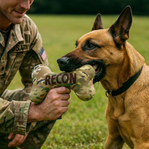 Dog holding a 'RECON' toy with a person in military uniform outdoors.