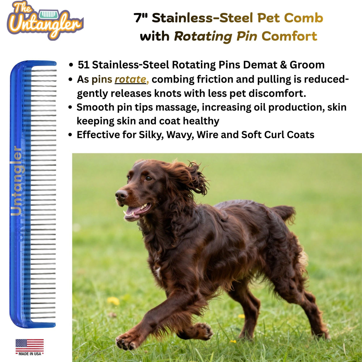 Ocean Blue Untangler 7-inch Pet Comb benefits with long-haired dog