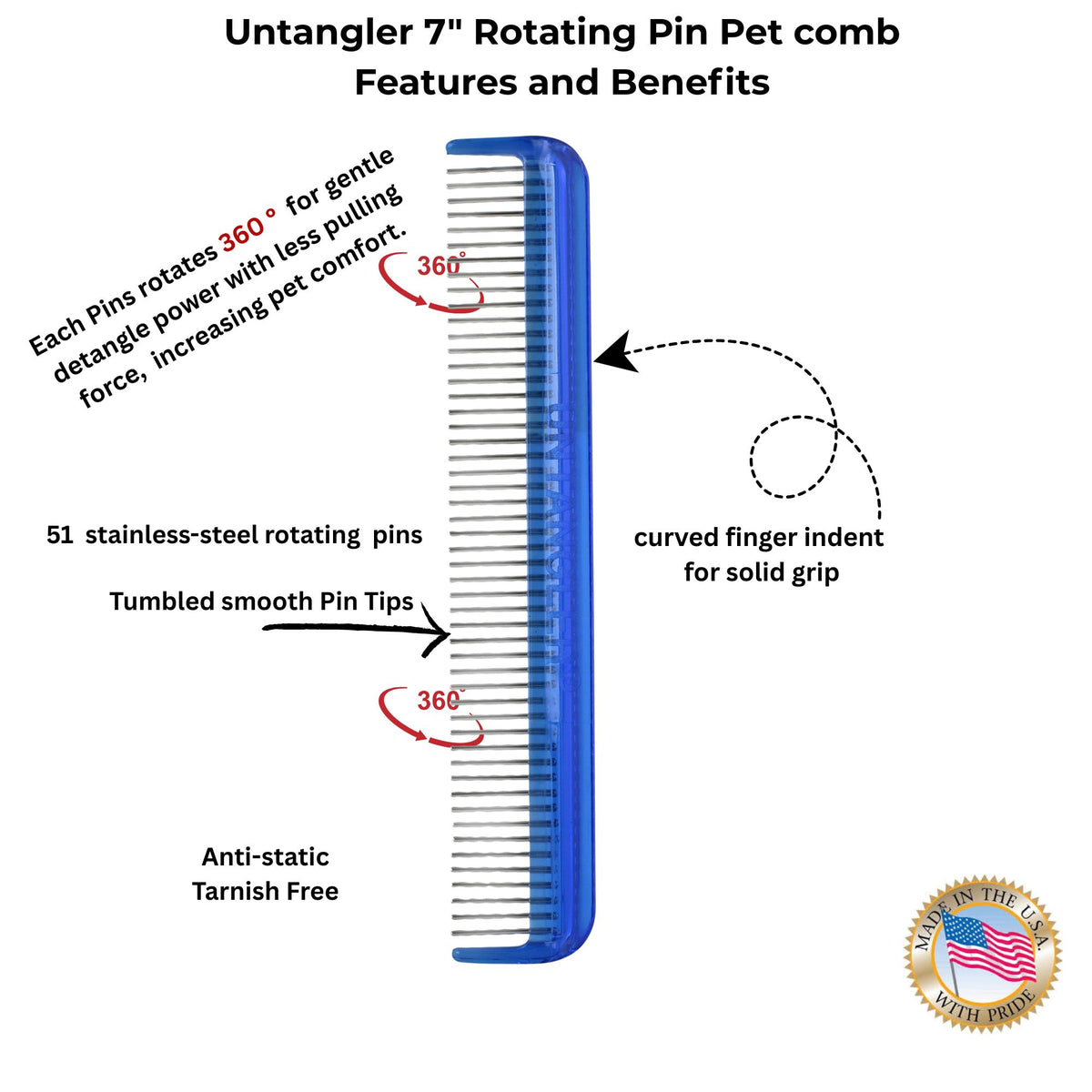 Ocean Blue 7-inch pet detangling comb features and rotating pins