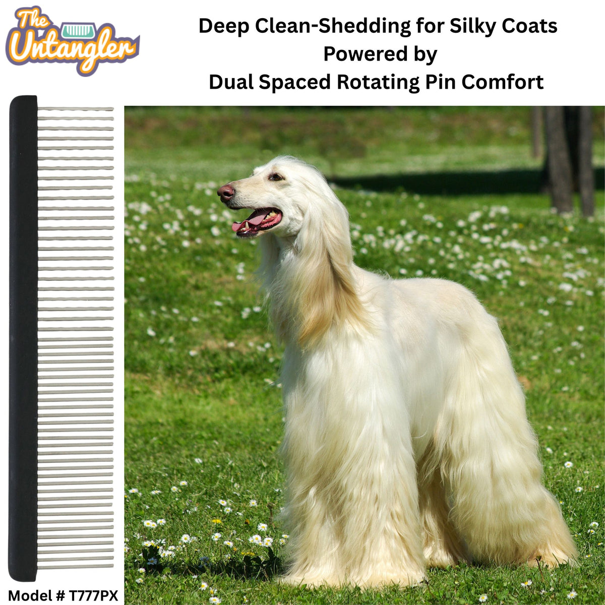 Afghan Hound groomed with the Untangler PRO Groomer II 1.25-inch dual-spaced comb