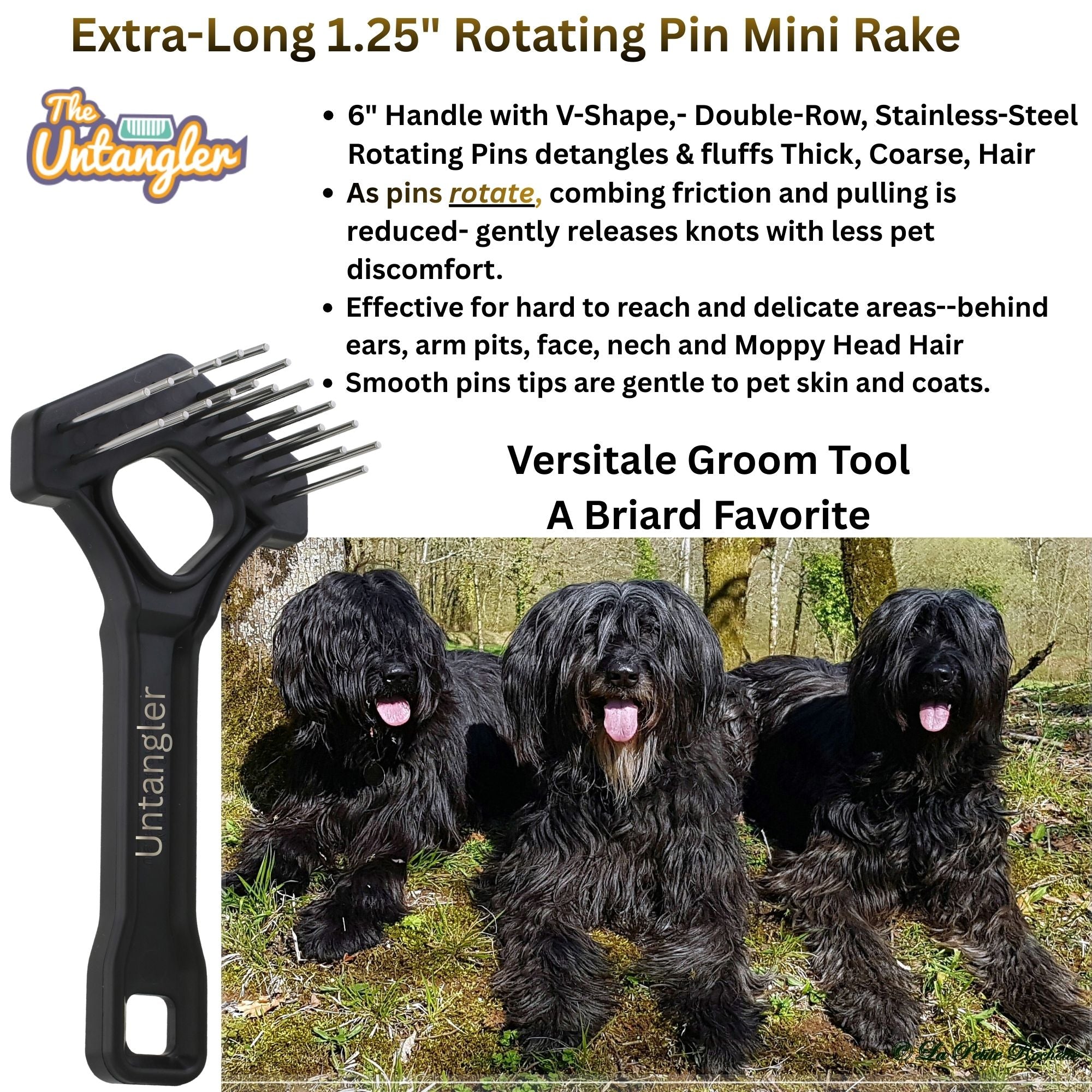 Pet grooming tool with text about its features and uses, accompanied by images of Briard dogs.