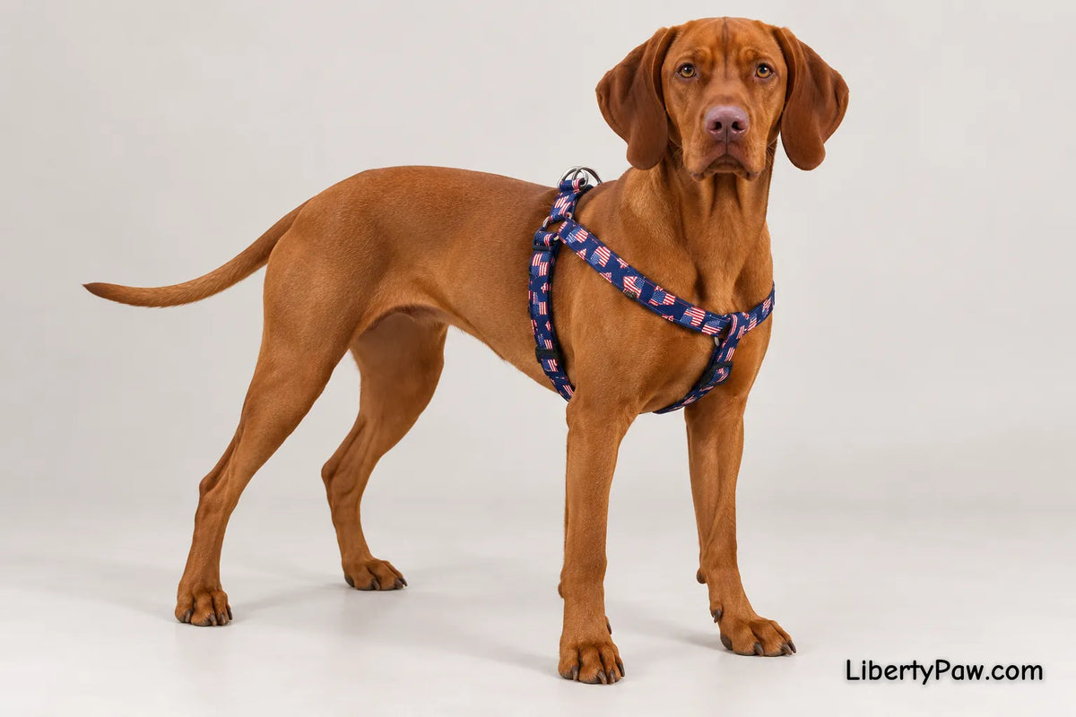 Vizsla wearing Trish Hampton American Flag Dog Harness