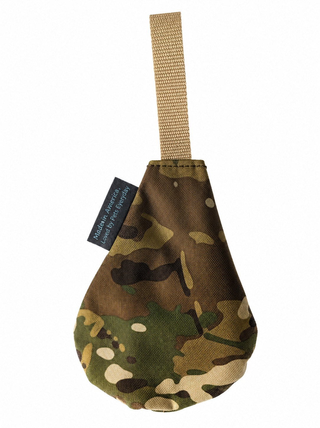 Camouflage dog toy with a strap on a white background