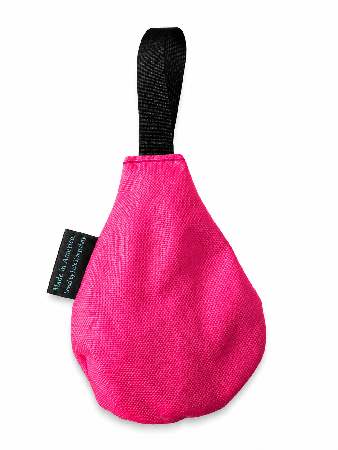 Pink dog toy with a black handle on a white background