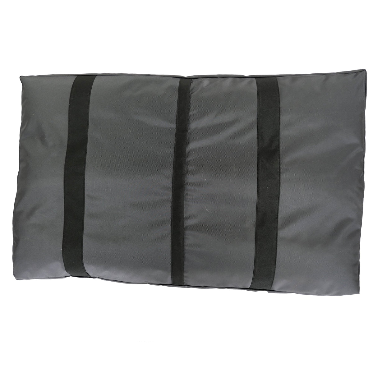 Underside of a gray dog bed showing smooth nylon base with two black straps