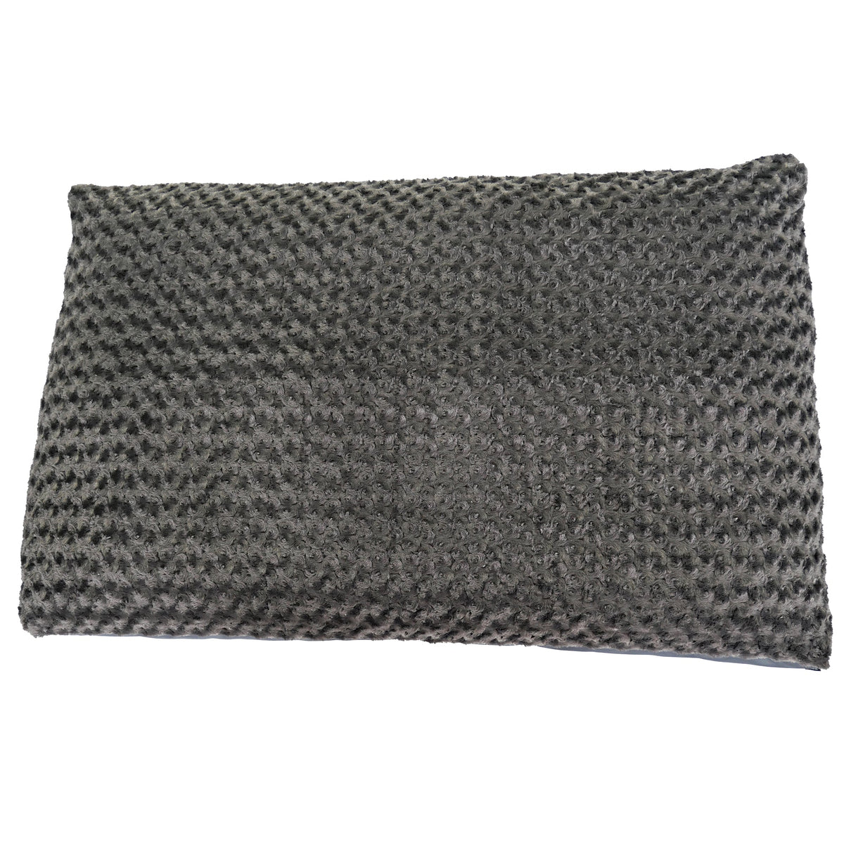 Top view of dark gray waffle-textured plush fabric on a rectangle dog bed