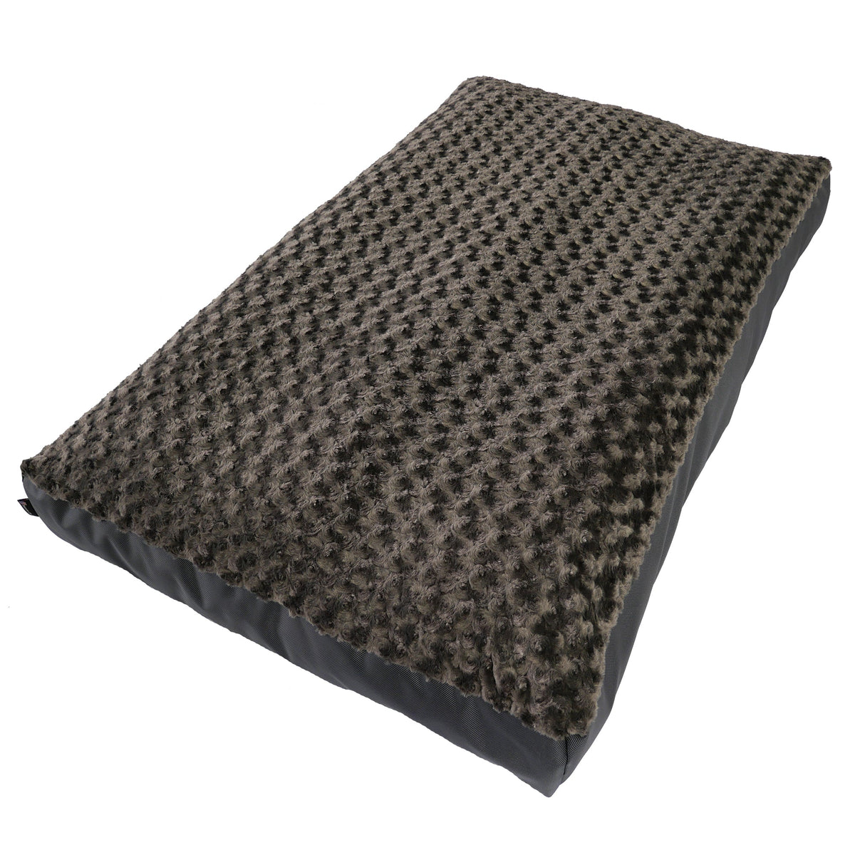 Angled view of a charcoal brown swirl plush rectangle dog bed with dark gray nylon sides