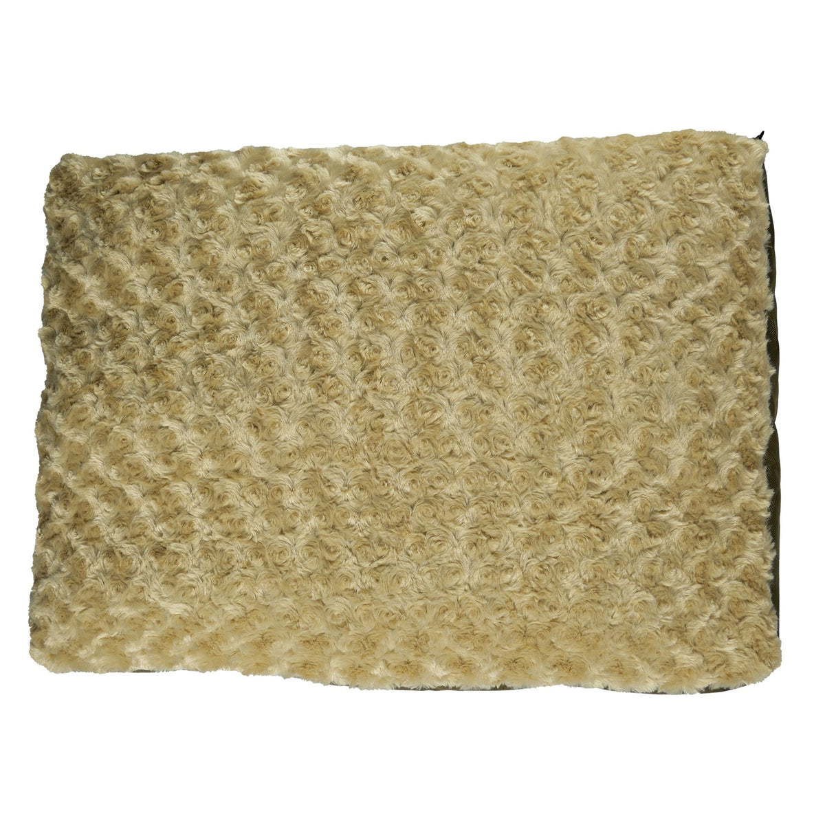 Top view of camel tan swirl plush fabric on a rectangle dog bed