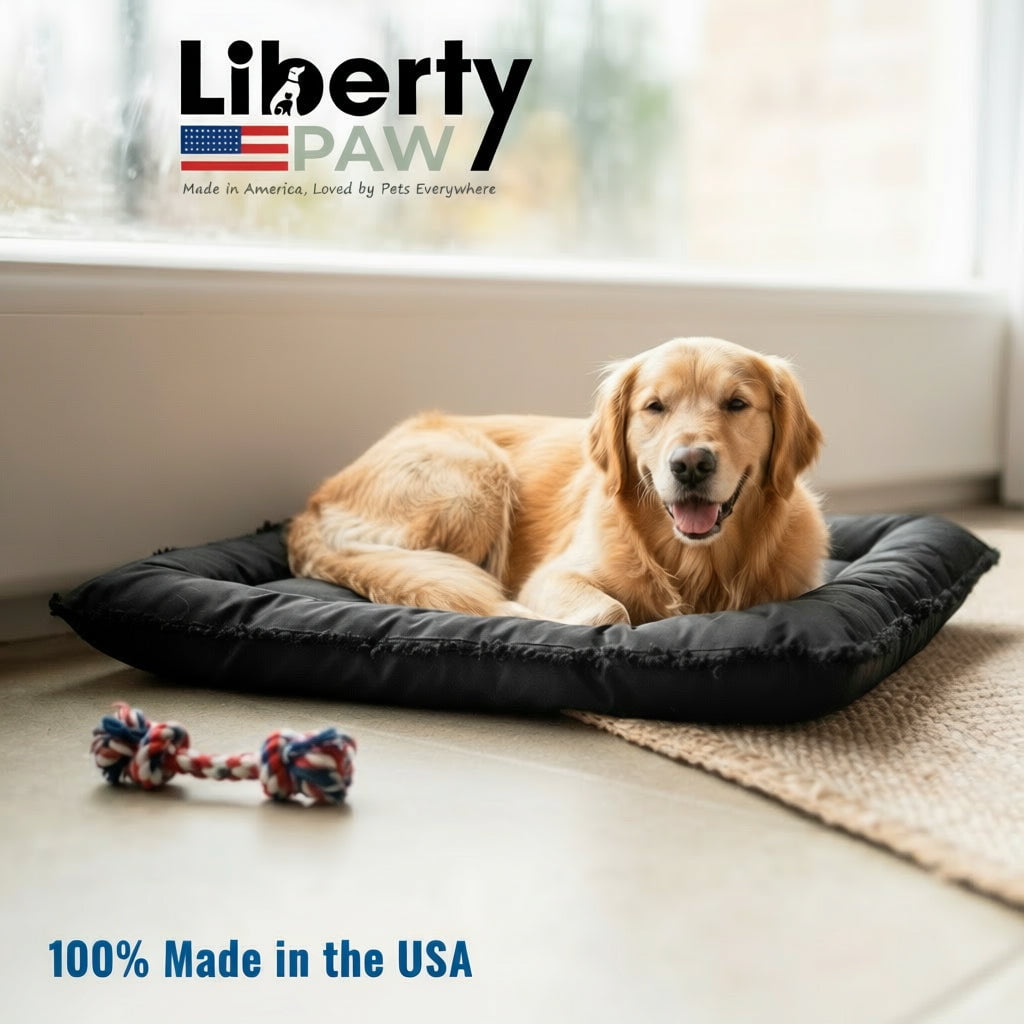 Golden retriever resting on a black bolster dog bed beside a rope toy in a sunny room