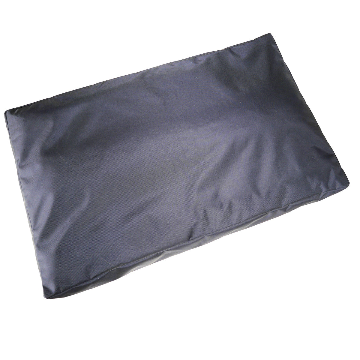 Charcoal gray rectangular dog bed cushion lying flat on a white background