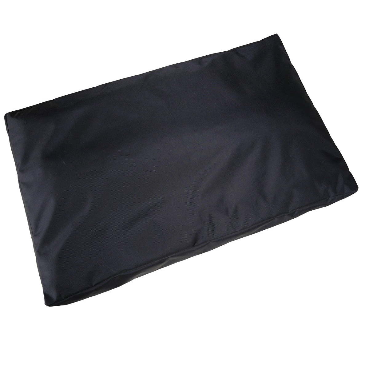 Black rectangular dog bed cushion lying flat on a white background