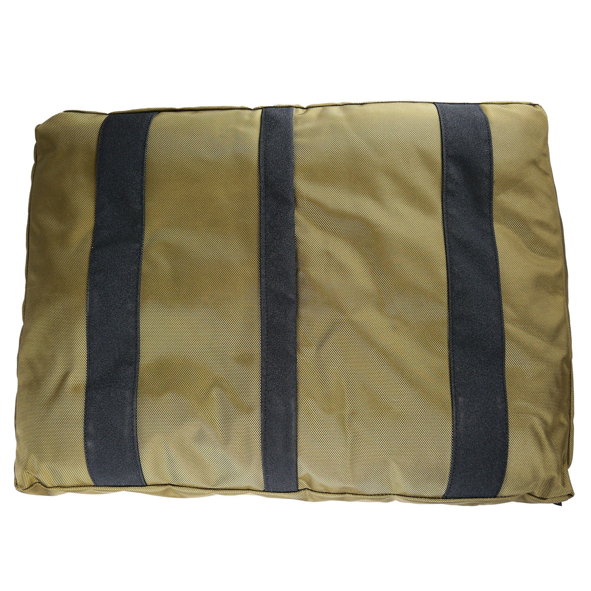 Underside of an olive and black rectangular dog bed showing three non-slip grip strips