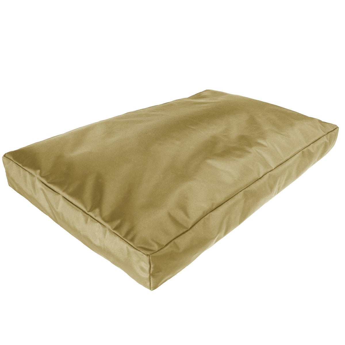 Camel tan rectangular dog bed cushion shown at an angle on a white background
