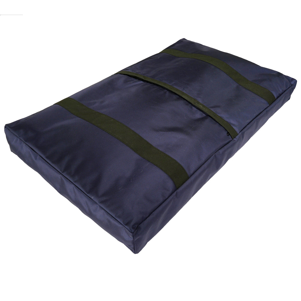 Underside of a navy rectangular dog bed showing two black non-slip grip strips