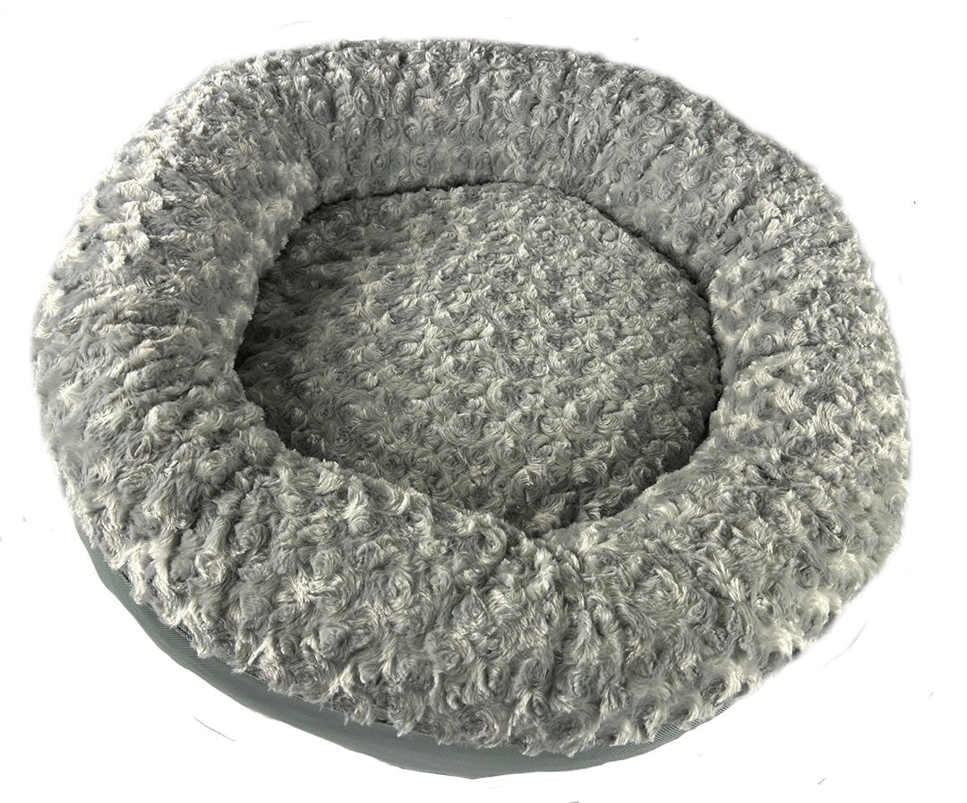Top view of a round bolster dog bed in silver gray rosette plush fur