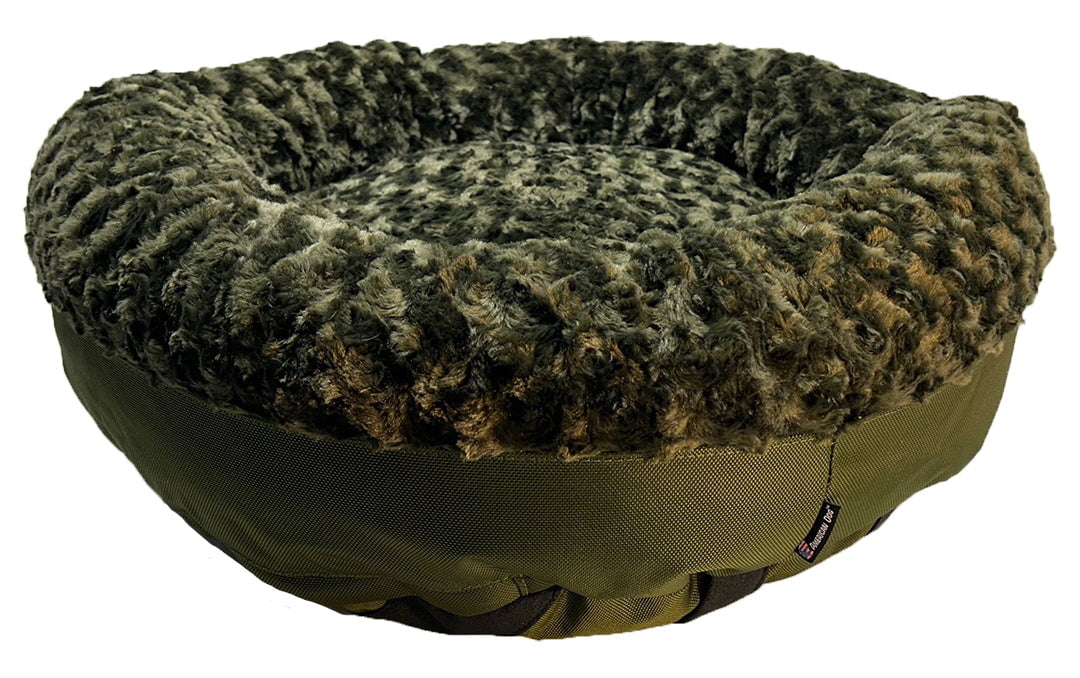 Round bolster dog bed with olive plush top and olive green fabric base