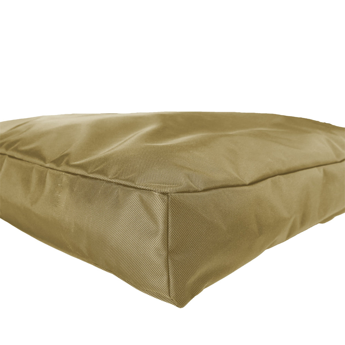 Corner close-up of a camel tan rectangular dog bed showing tough woven fabric and seam