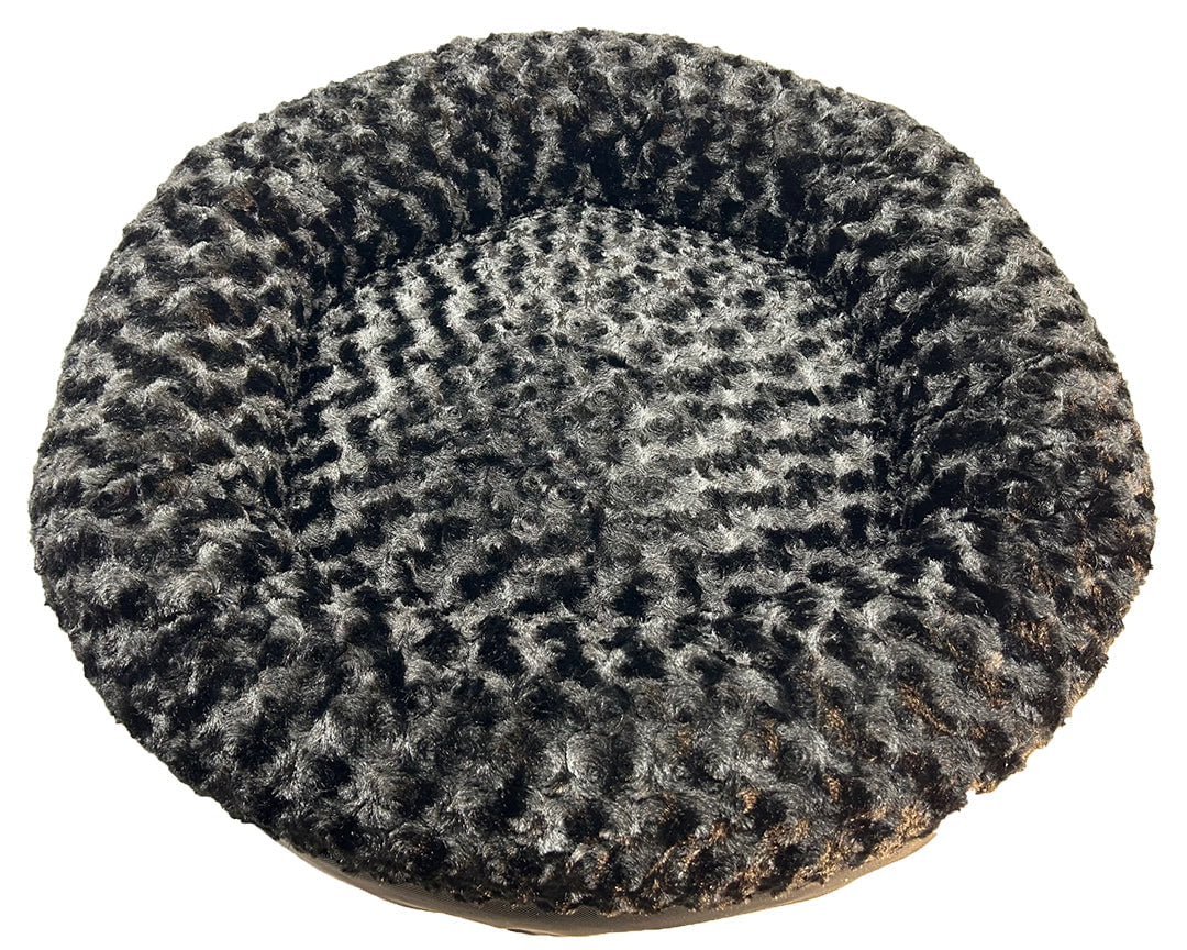 Top view of a round bolster dog bed in black and gray swirl plush fur