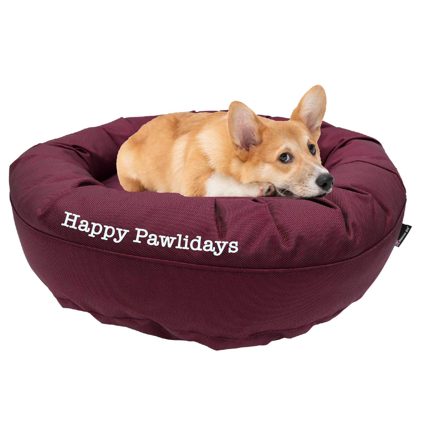 American Dog Dog Beds Small (25" outer diameter 16" inner diameter) / Burgundy w/Embroidery Dog Bed Round Bolster Armor™ 'Happy Pawlidays'