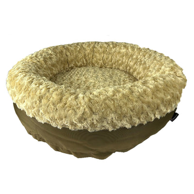 Round bolster dog bed in camel with soft cushioned rim