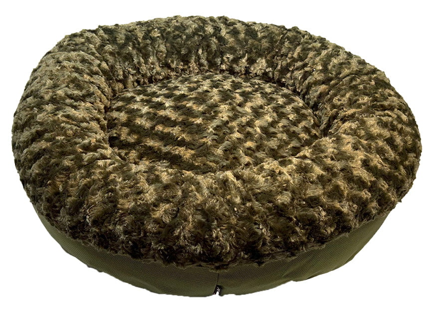 Top view of a round bolster dog bed in olive green rosette plush fur