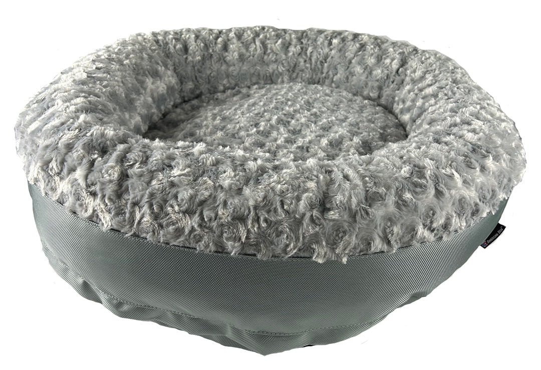 Round bolster dog bed with silver gray swirl plush top and gray fabric base