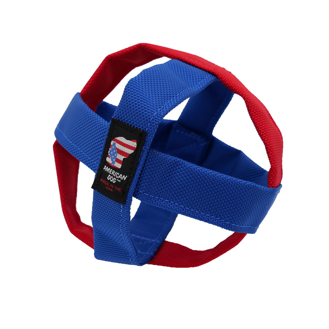 Blue and red woven strap cage ball dog toy shaped like an open sphere