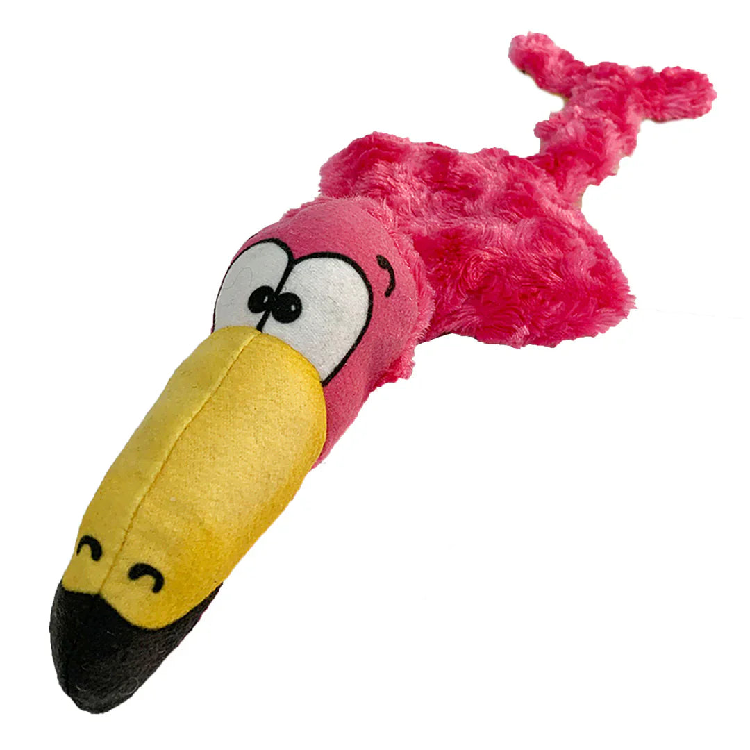 Flora the Flamingo plush dog toy in hot pink with a long yellow beak and skinny yellow legs