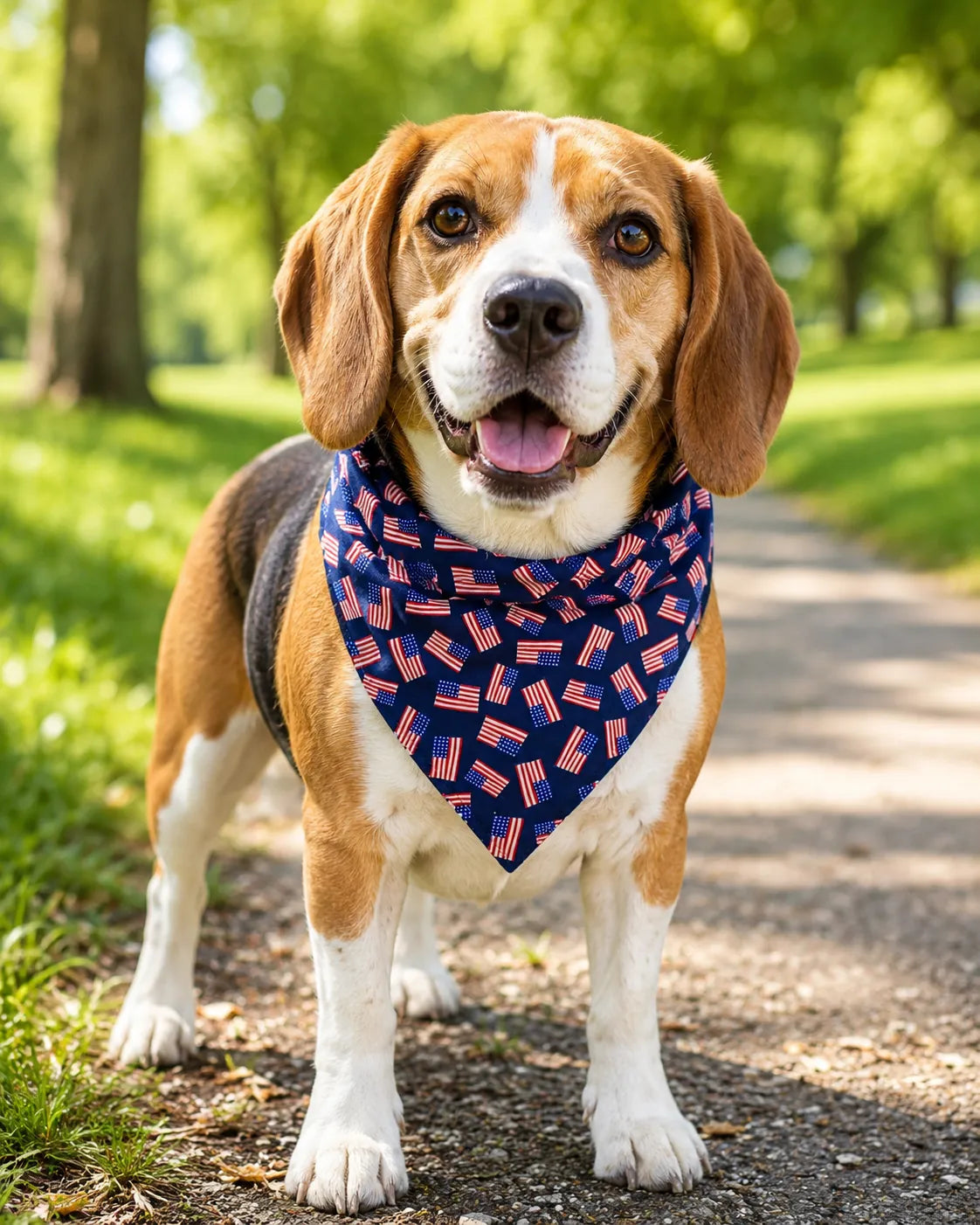 Beagle wearing a navy American flag print dog bandana on a sunny park path