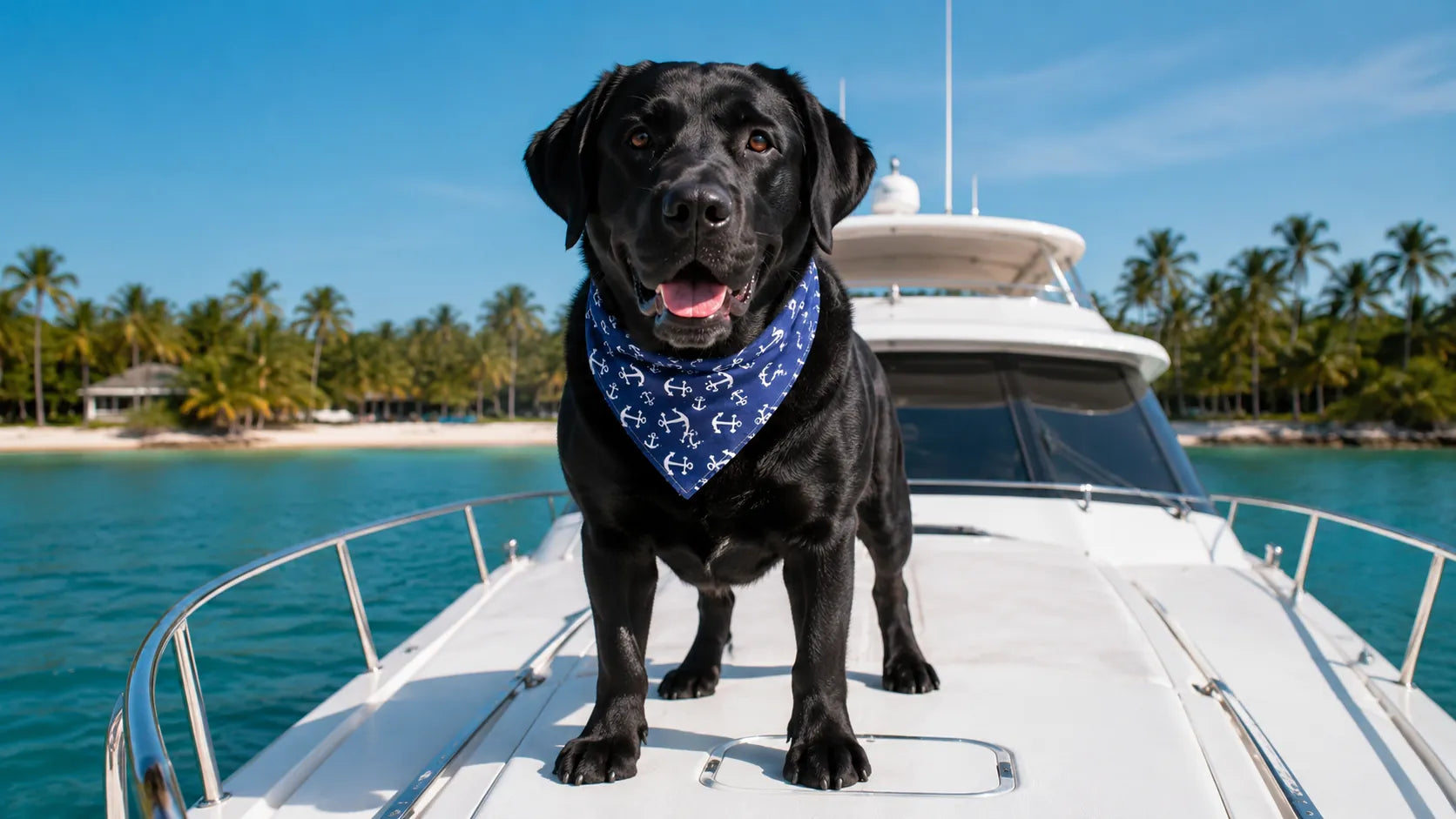 Black Labrador Retriever wearing a navy anchor print dog bandana on the bow of a yacht