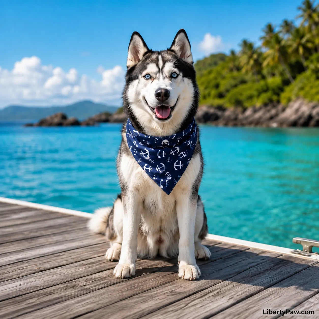 Siberian Husky wearing a navy anchor print dog bandana on a wooden dock over tropical water