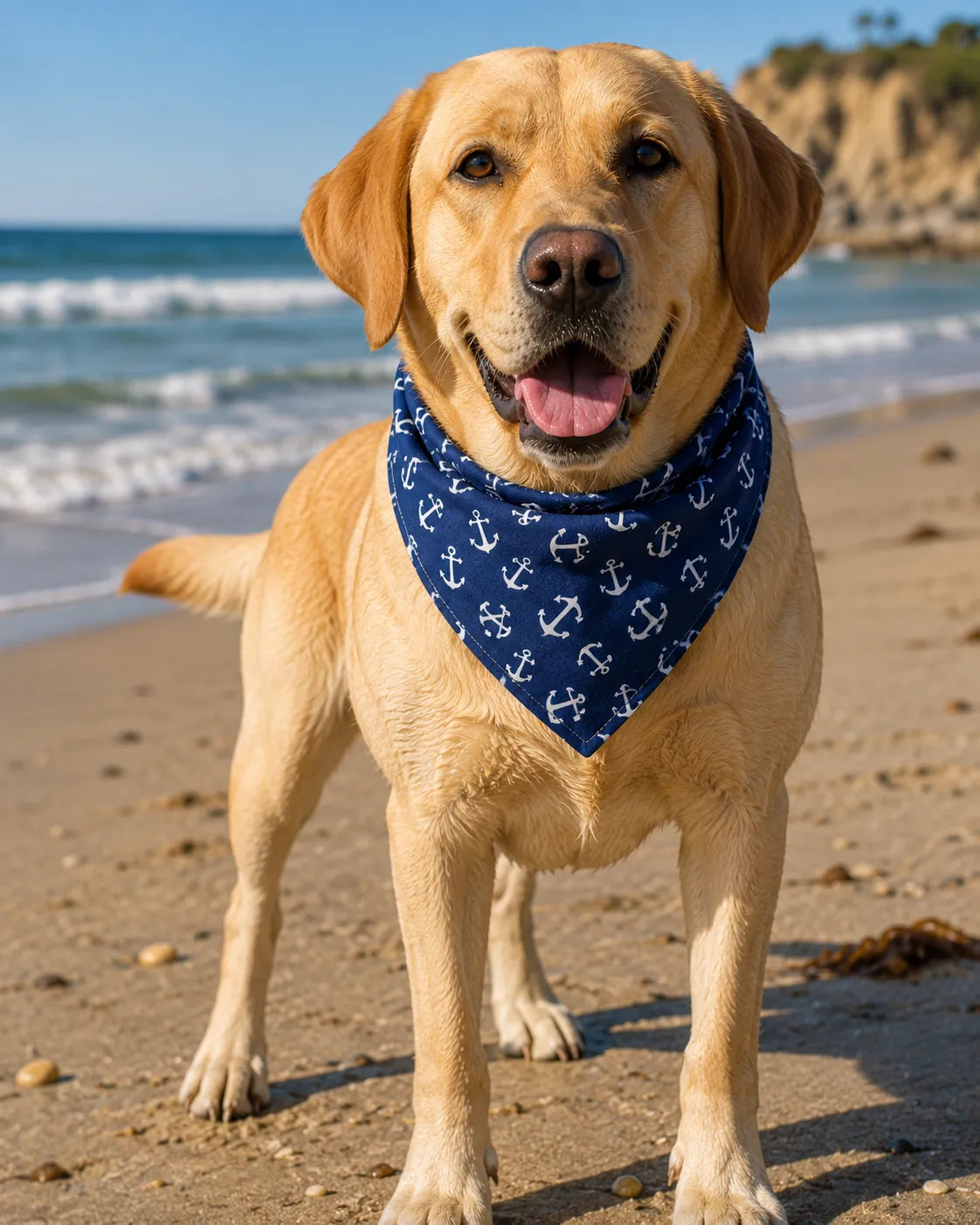 Yellow Labrador Retriever wearing a navy anchor print dog bandana on a sunny beach
