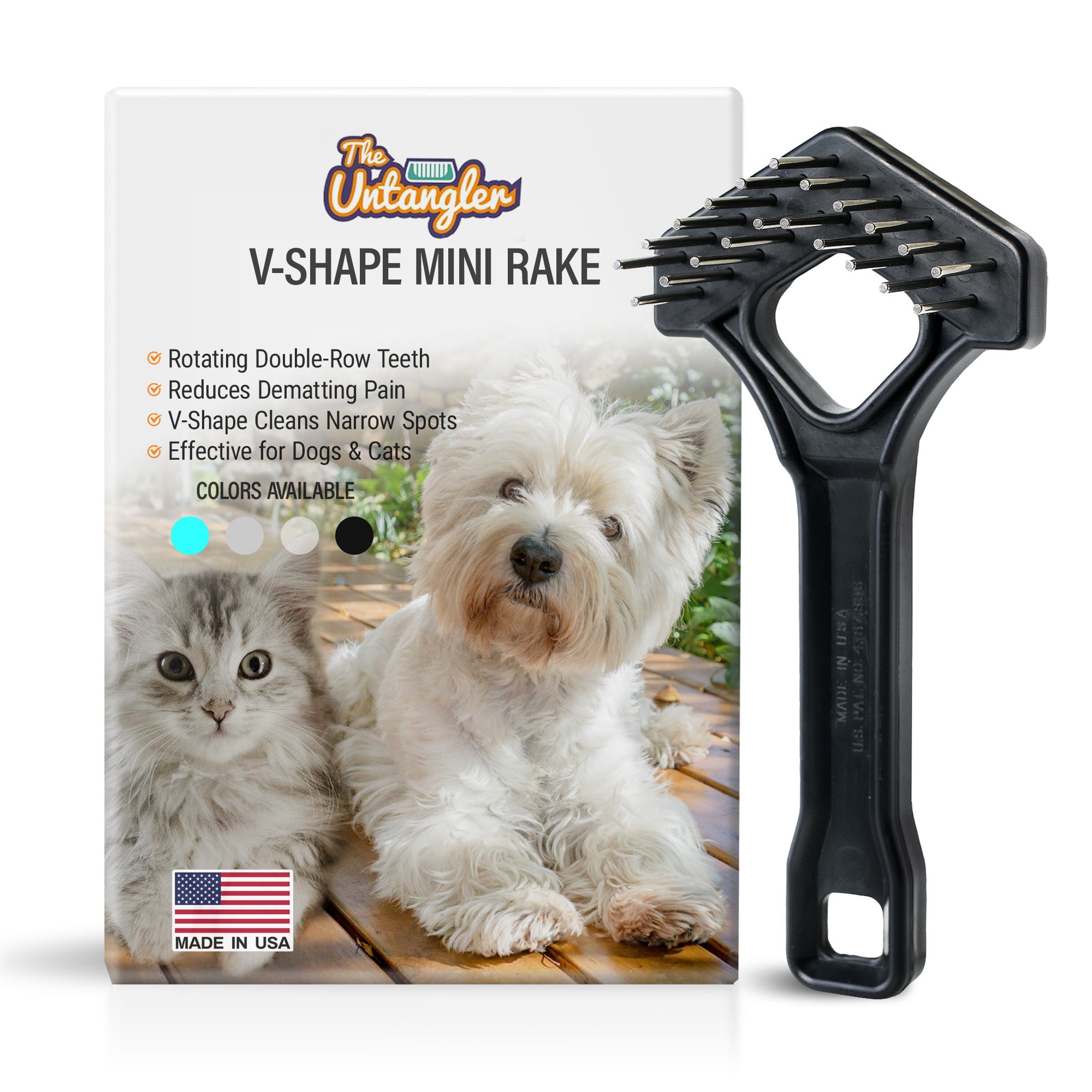 Mini Rake with V-Shape/Double Row Rotating Teeth Detangles and Grooms dogs and cats. Best Seller! image 0