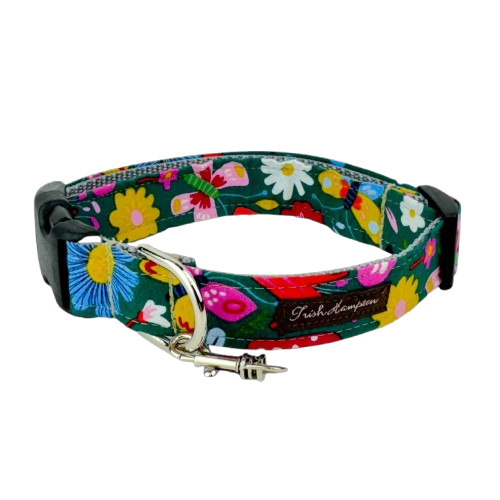 Butterfly & Mushroom Floral Dog Collar with colorful floral and mushroom pattern