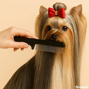 Dog with a red bow being groomed by a hand using a black comb on a beige background