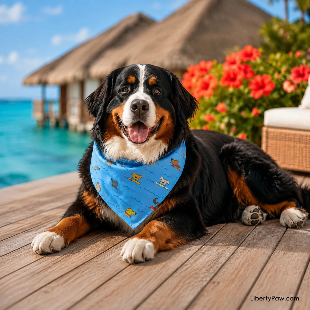 Bernese Mountain Dog wearing a light blue Doggy Paddle print dog bandana at a tropical resort