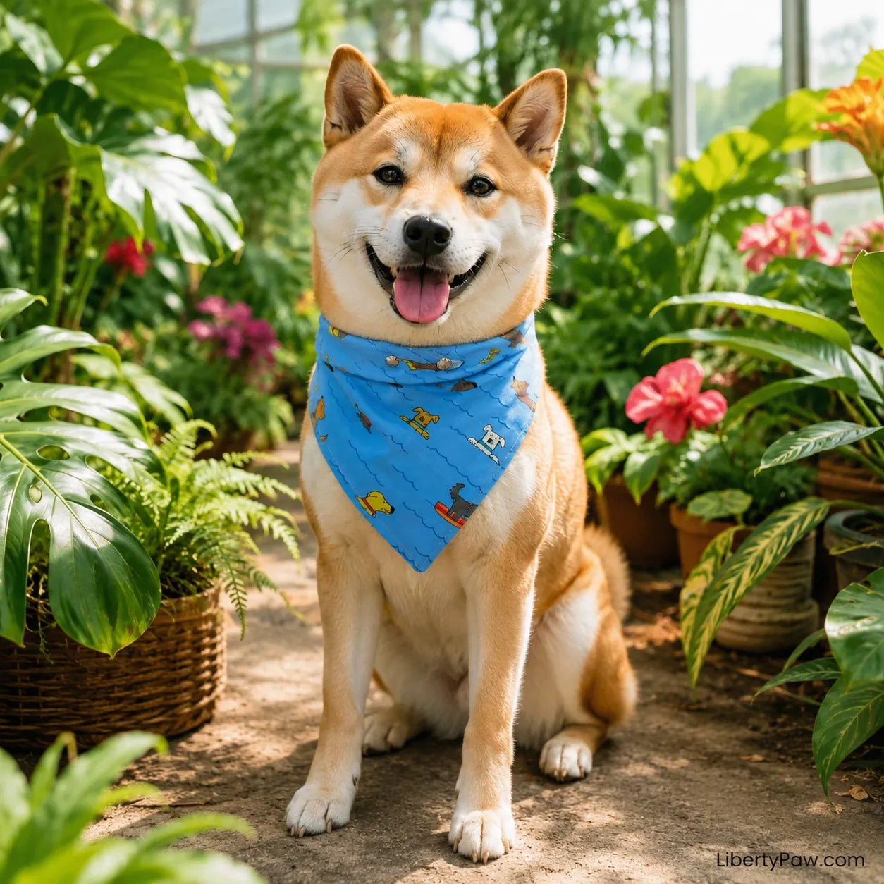 Shiba Inu wearing a light blue Doggy Paddle print dog bandana in a tropical greenhouse