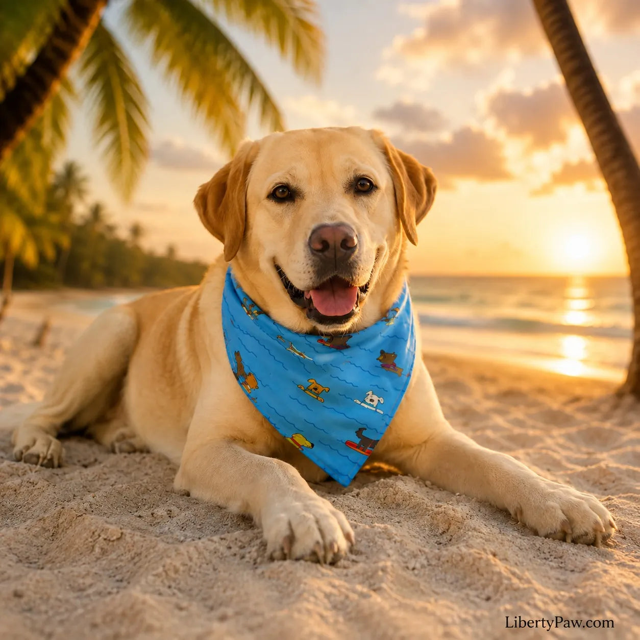 Yellow Labrador Retriever wearing a light blue Doggy Paddle print dog bandana on a tropical beach