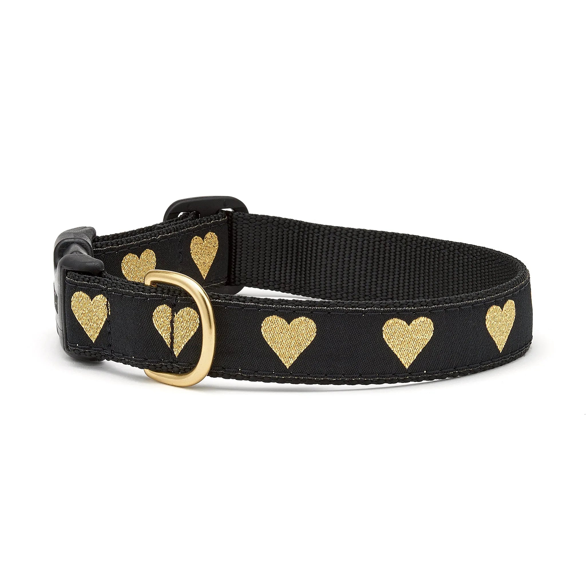 Close-up of Liberty Paw Heart of Gold Dog Collar in black with gold heart design