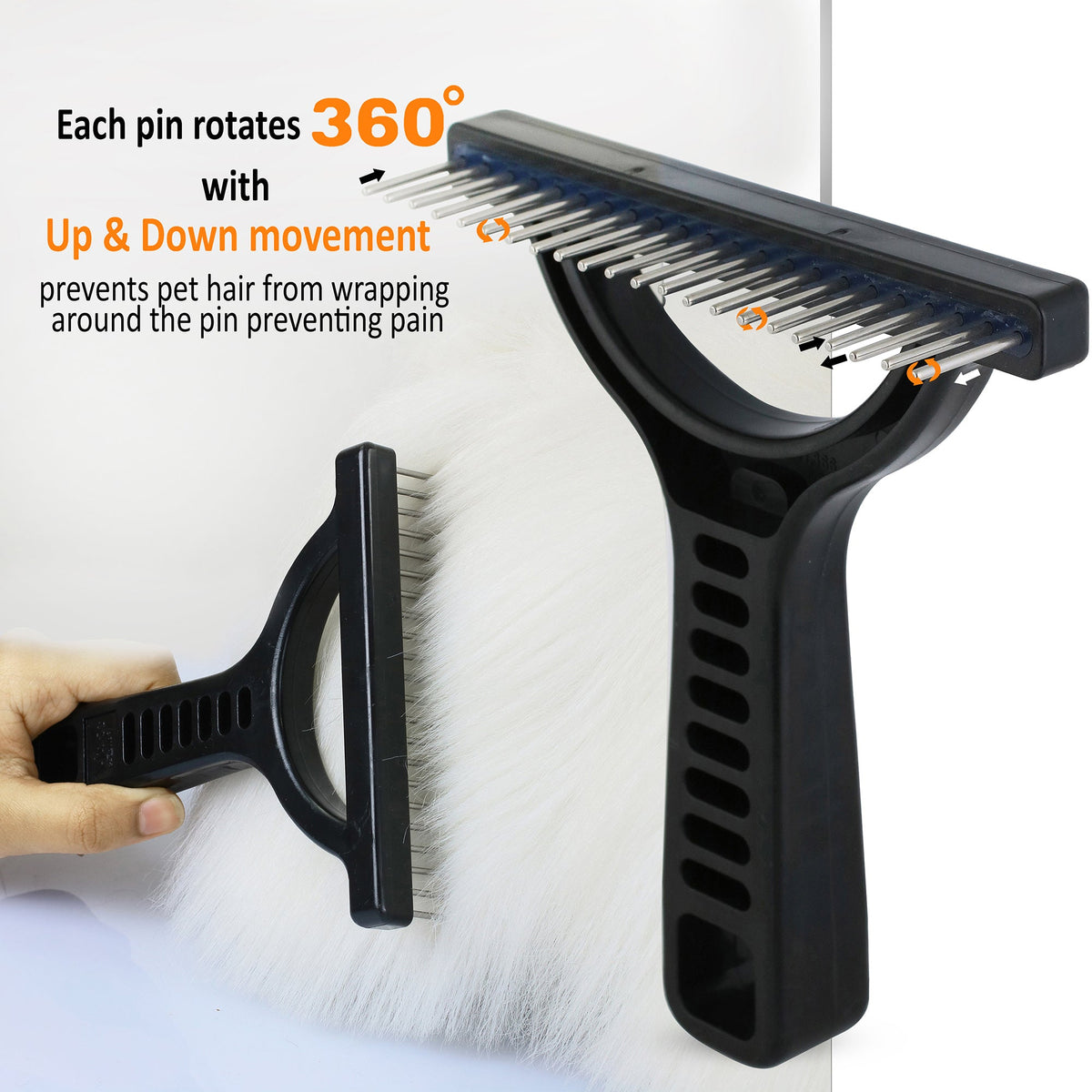 Untangler extra-long rake with 360-degree rotating pins on a dense coat