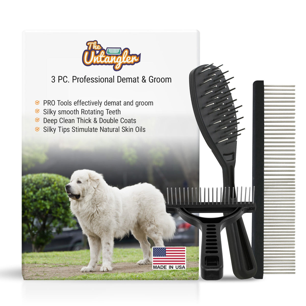 Untangler 3PC PRO Groomer Set box with comb, rake and PRO Brush for large breeds