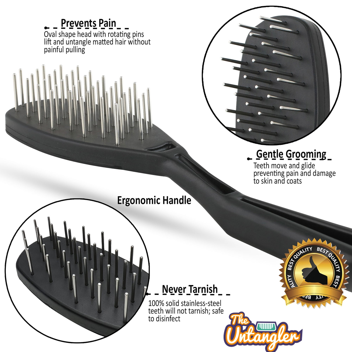 Untangler PRO Brush with 40 rotating stainless-steel pins and ergonomic handle