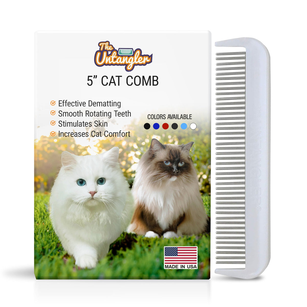 5 inch Cat Comb box with two longhaired cats on front, next to a white comb with fine rotating teeth