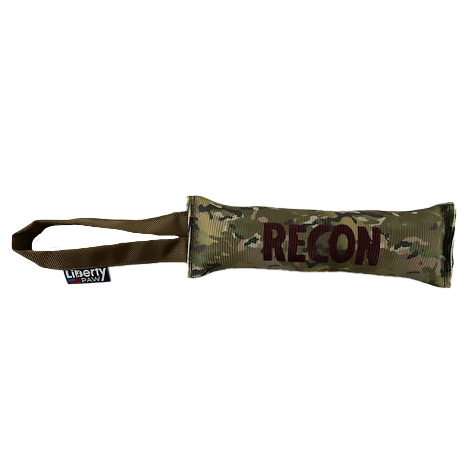 Camouflage firehose tug toy with RECON lettering and a tan webbing handle