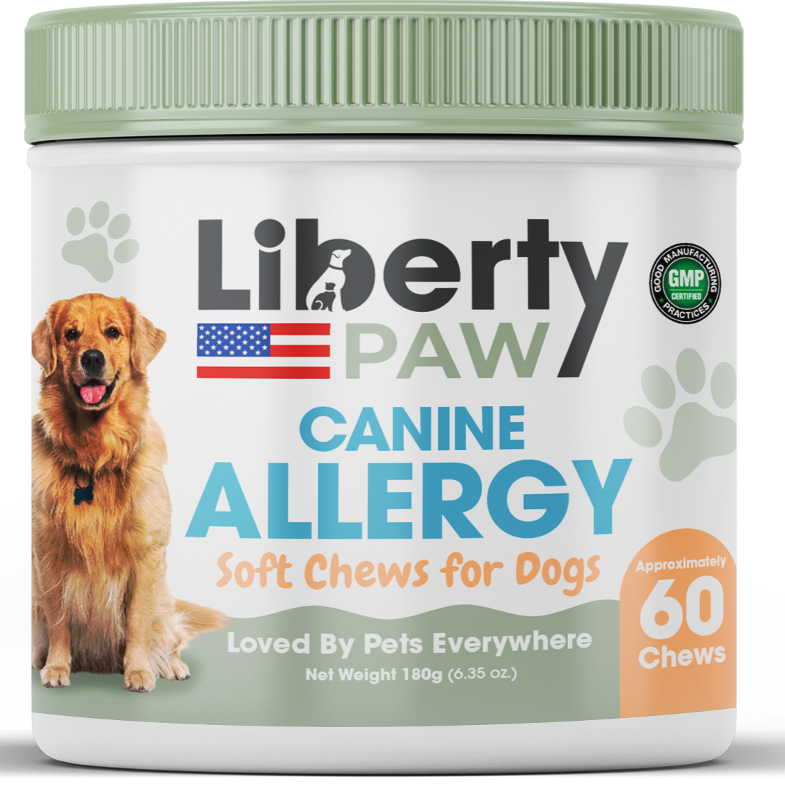 Front of LibertyPaw Canine Allergy soft chews jar with a Golden Retriever on the green-lid label