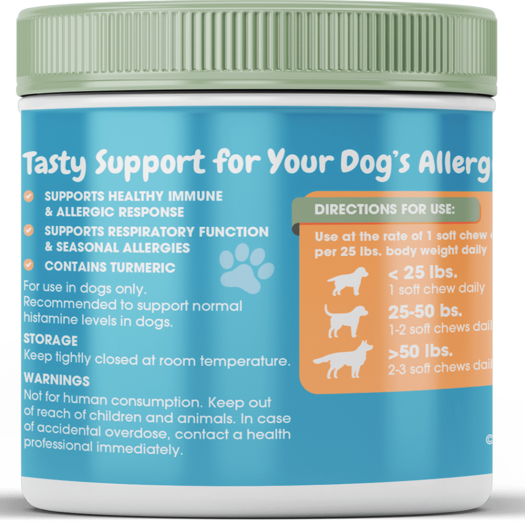 Back label of the Canine Allergy chews jar with immune support details and dosage directions