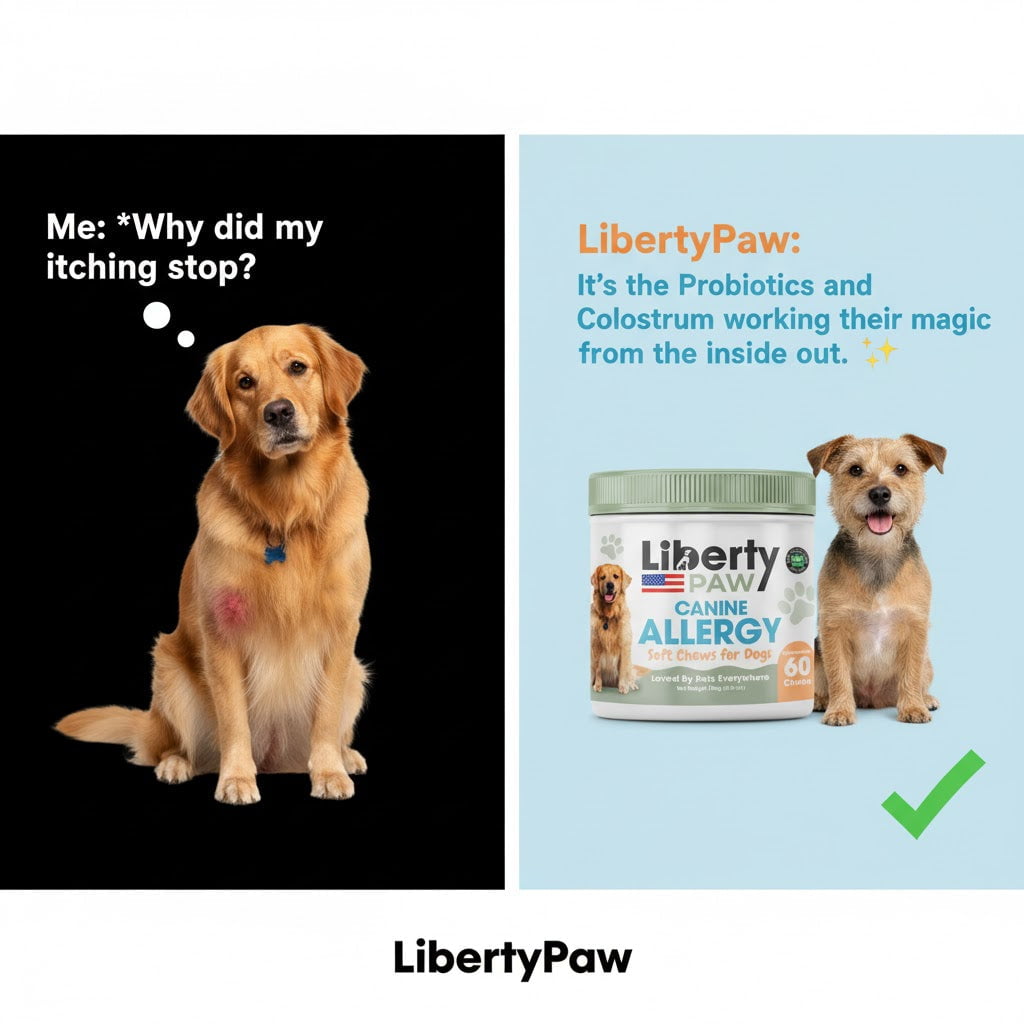 Meme of a dog whose itching stopped, with a Canine Allergy chews jar and a smiling terrier