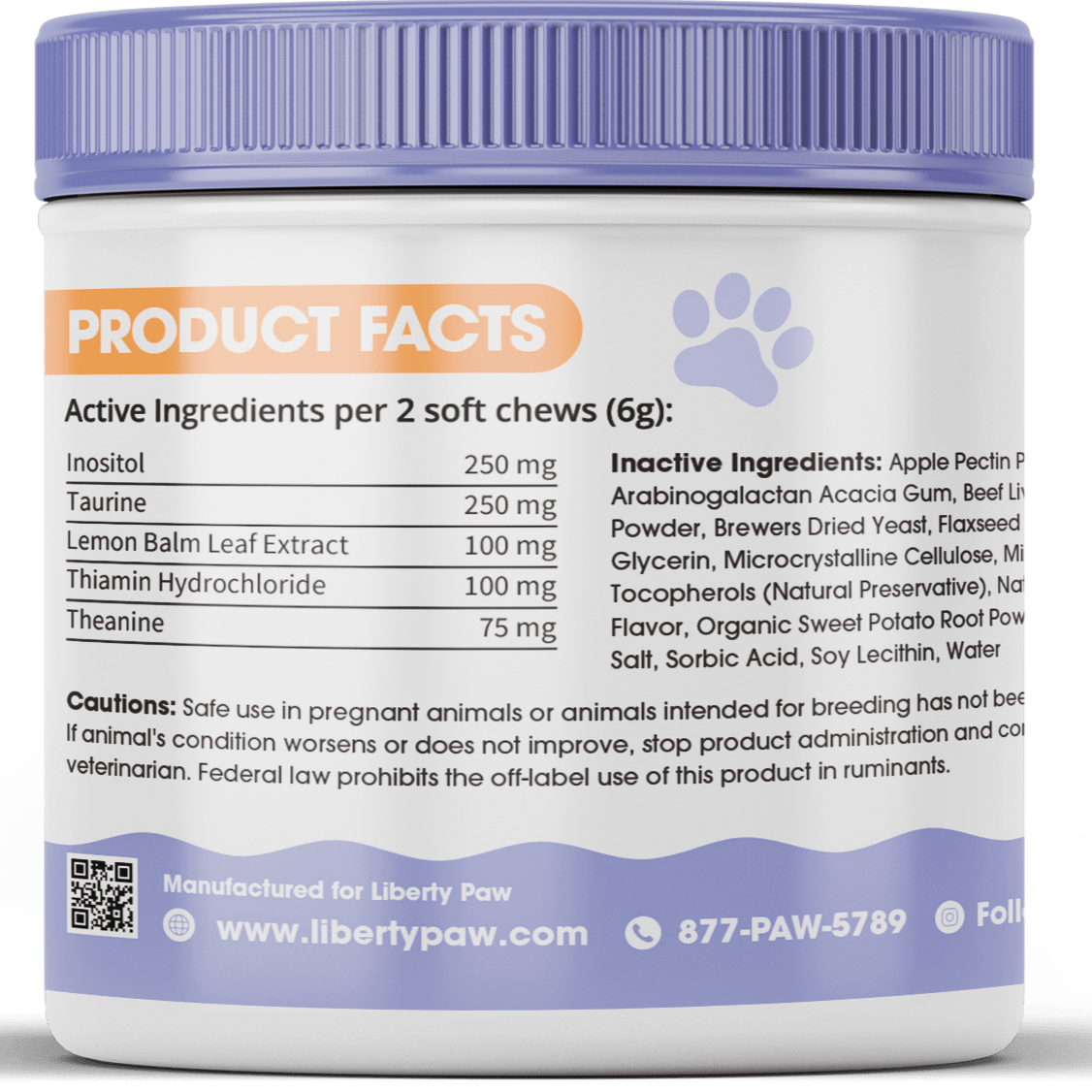 Product facts panel on the Canine Calm chews jar listing inositol, taurine and theanine