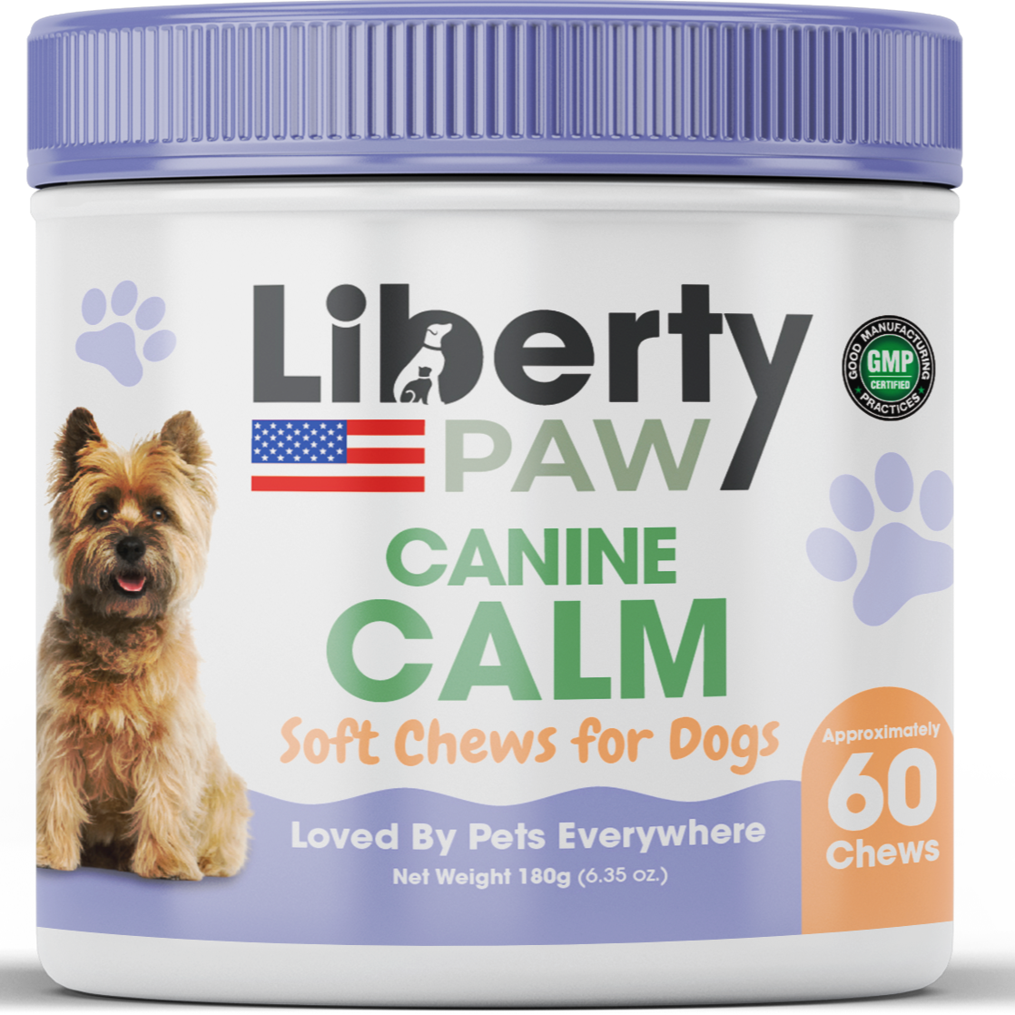 Front of LibertyPaw Canine Calm soft chews jar with a terrier on the purple-lid label